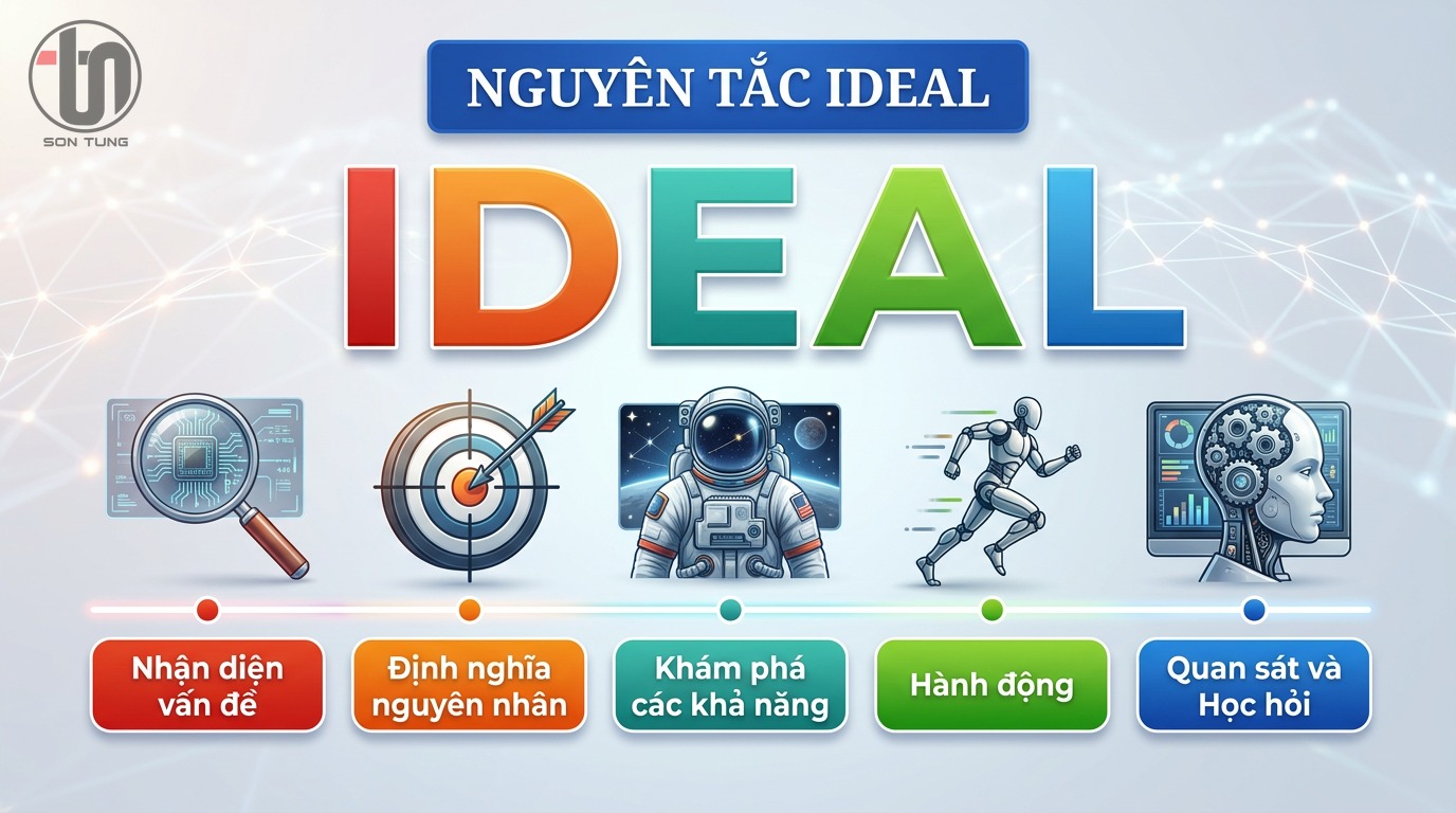 ideal là viết tắt của Identify (Xác định), Define (Định nghĩa), Explore (khám phá), Action (thực hiện) và Look & Learn (Quan sát và học hỏi)